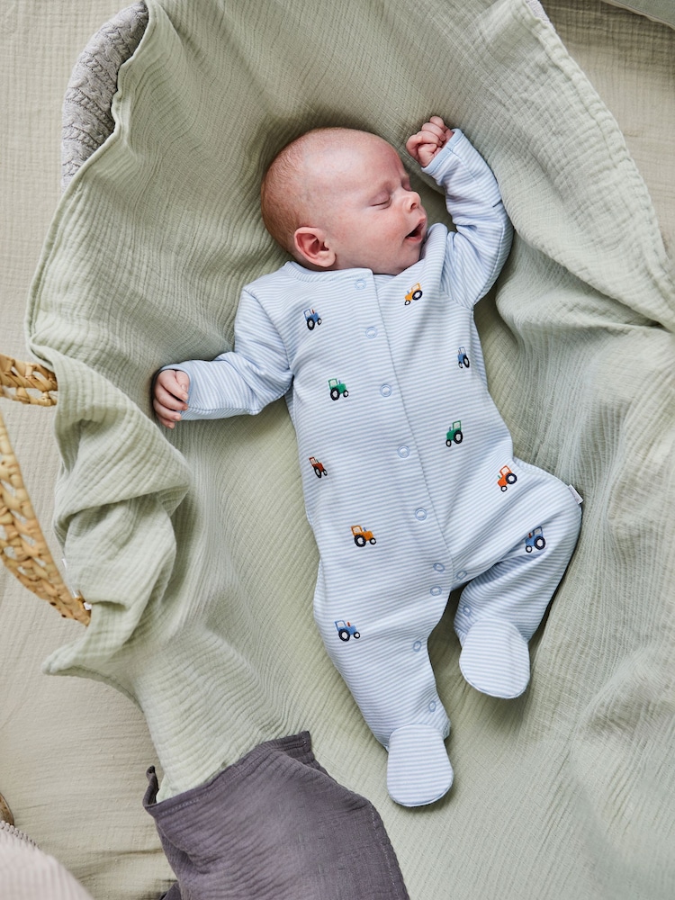 JoJo Maman Bébé Blue 100% Organic Cotton Tractor Embroidered Sleepsuit - Image 1 of 5