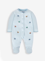 JoJo Maman Bébé Blue 100% Organic Cotton Tractor Embroidered Sleepsuit - Image 3 of 5