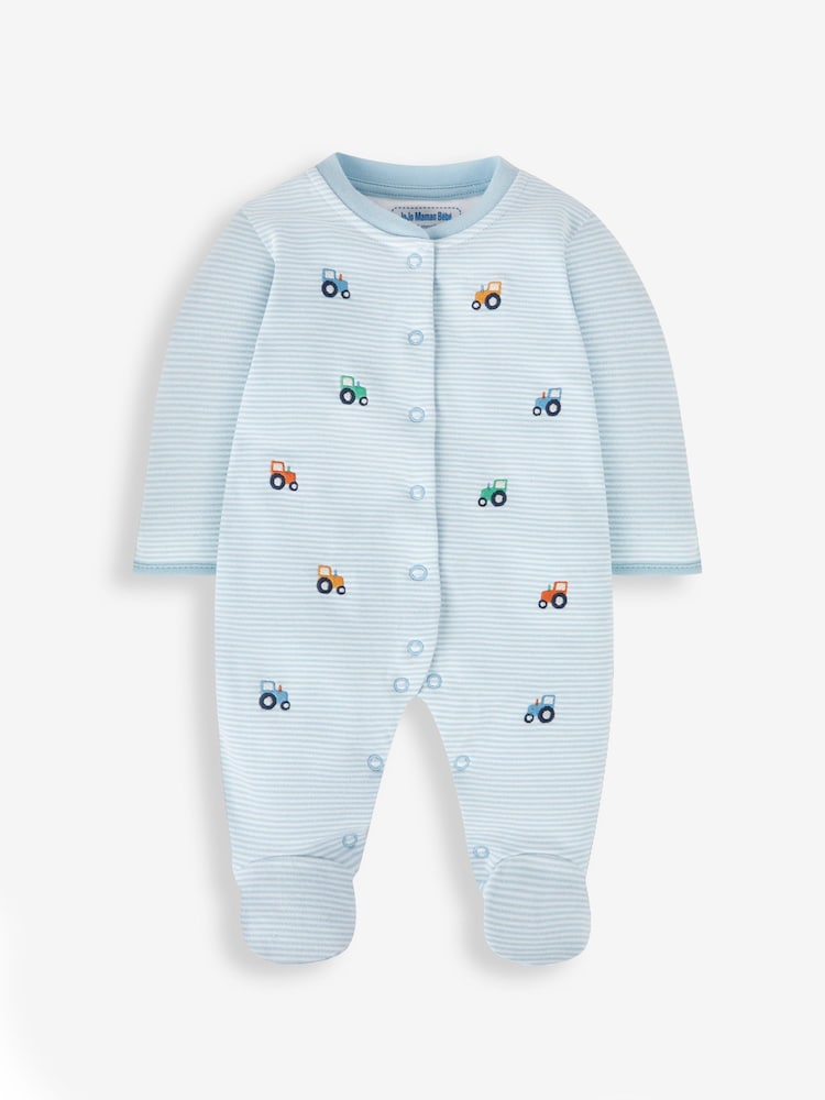 JoJo Maman Bébé Blue 100% Organic Cotton Tractor Embroidered Sleepsuit - Image 3 of 5