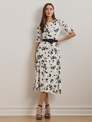 Lauren Ralph Lauren White Munzie Monochrome Florals Stretch Jersey Midi Dress - Image 1 of 7