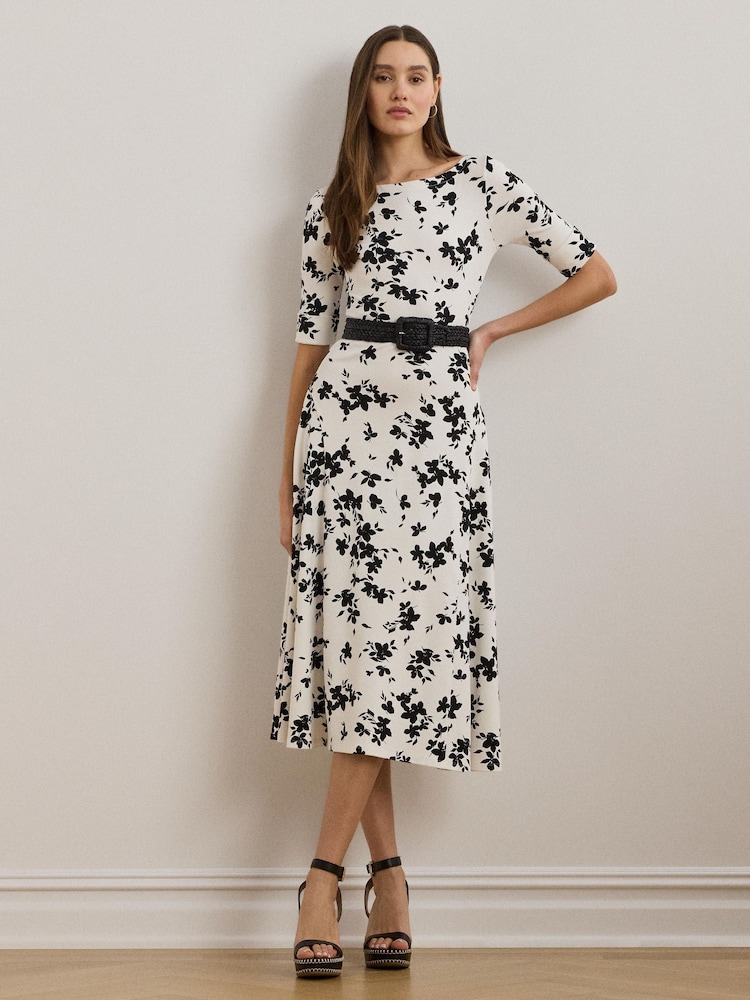 Lauren Ralph Lauren White Munzie Monochrome Florals Stretch Jersey Midi Dress - Image 1 of 7