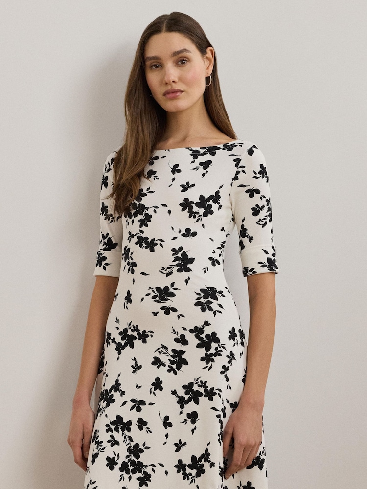 Lauren Ralph Lauren White Munzie Monochrome Florals Stretch Jersey Midi Dress - Image 2 of 7
