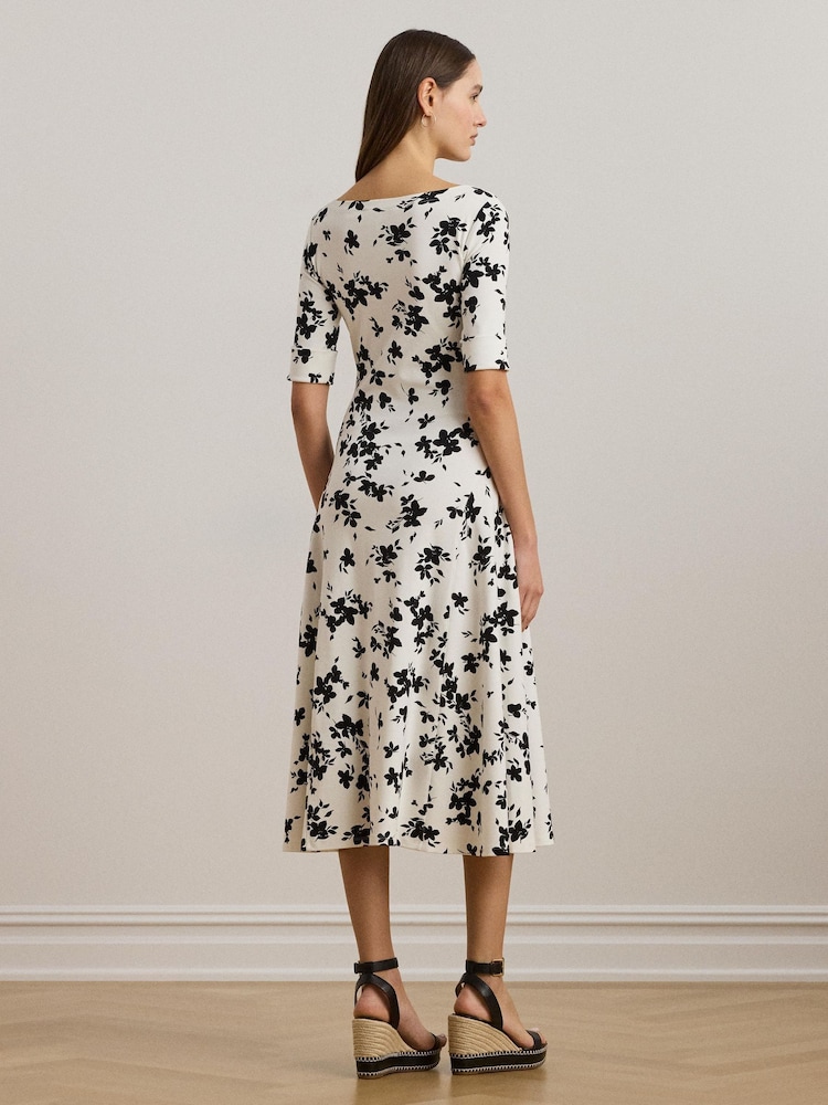 Lauren Ralph Lauren White Munzie Monochrome Florals Stretch Jersey Midi Dress - Image 3 of 7