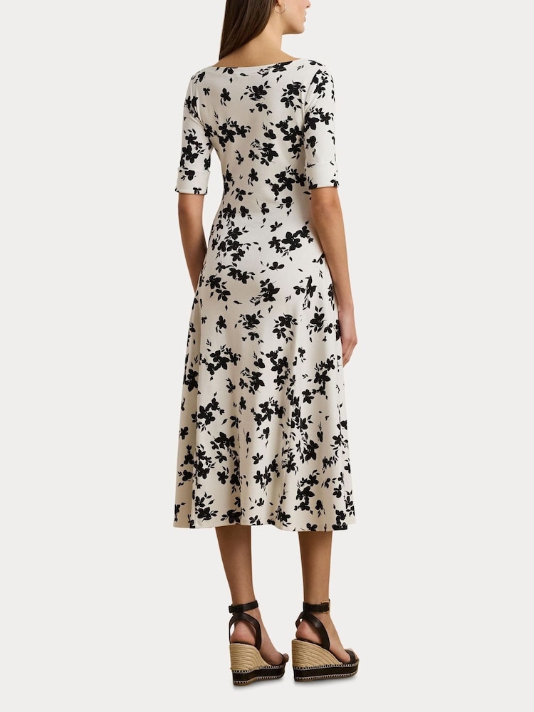 Lauren Ralph Lauren White Munzie Monochrome Florals Stretch Jersey Midi Dress - Image 5 of 7