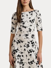 Lauren Ralph Lauren White Munzie Monochrome Florals Stretch Jersey Midi Dress - Image 6 of 7