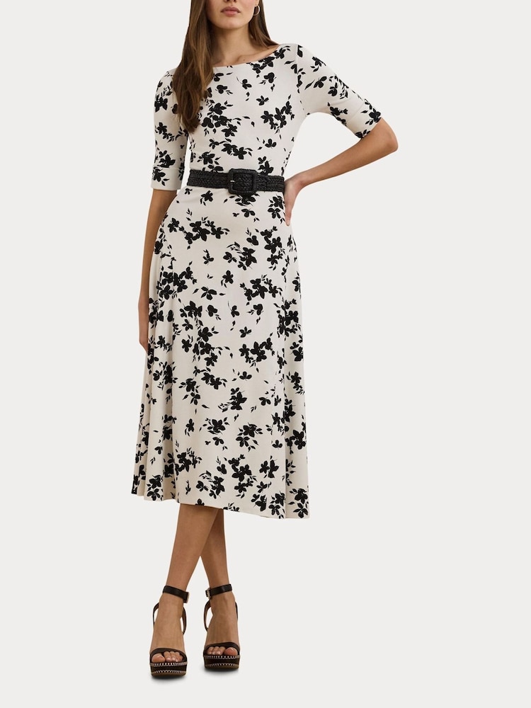 Lauren Ralph Lauren White Munzie Monochrome Florals Stretch Jersey Midi Dress - Image 7 of 7