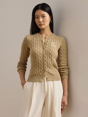 Коричневый - Кардиган с узором "косичка" и логотипом Lauren Ralph Lauren Ralhan - Image 1 of 8