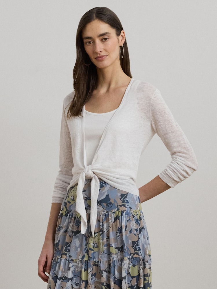 Lauren Ralph Lauren Caelyn Linen Tie Front White Cardigan - Image 1 of 7
