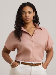 Lauren Ralph Lauren Curve Broono Linen Logo Short Sleeve Shirt - Image 1 of 6