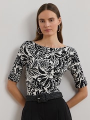 Lauren Ralph Lauren Black Judy Printed Boatneck Stretch Jersey T-Shirt - Image 1 of 6