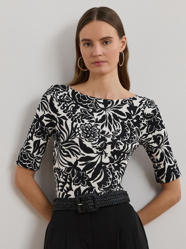 Lauren Ralph Lauren Black Judy Printed Boatneck Stretch Jersey T-Shirt - Image 1 of 6