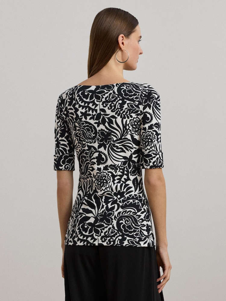 Lauren Ralph Lauren Black Judy Printed Boatneck Stretch Jersey T-Shirt - Image 2 of 6