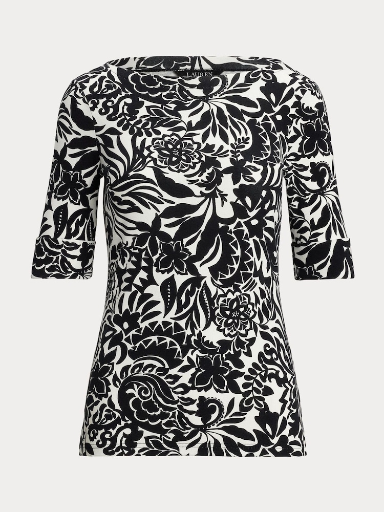 Lauren Ralph Lauren Black Judy Printed Boatneck Stretch Jersey T-Shirt - Image 6 of 6