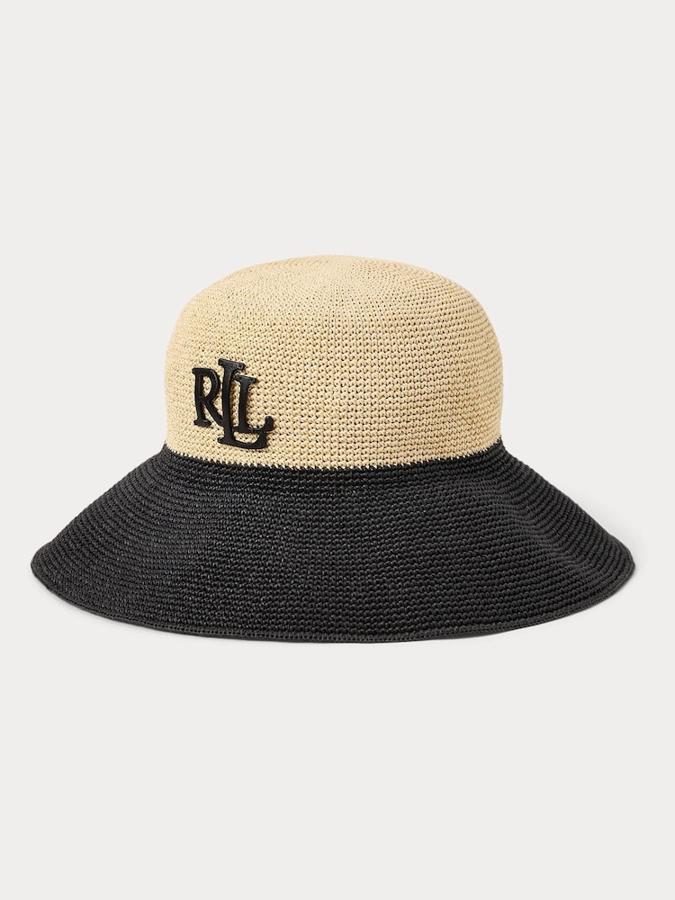 Lauren Ralph Lauren Crochet Logo Contrast Straw Beach Sun Black Hat - Image 1 of 2