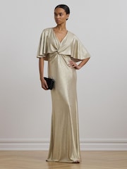 Lauren Ralph Lauren Phinya Foil Print Cape Brown Jersey Gown Dress - Image 1 of 8