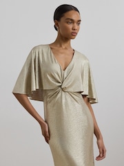 Lauren Ralph Lauren Phinya Foil Print Cape Brown Jersey Gown Dress - Image 2 of 8