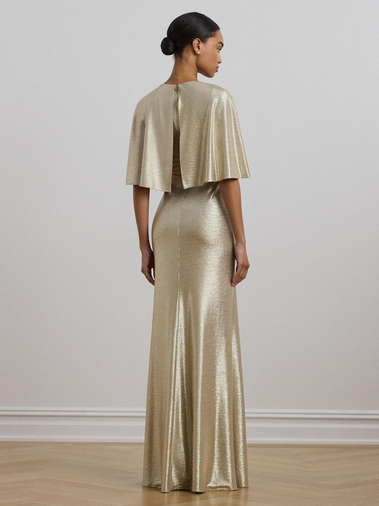 Lauren Ralph Lauren Phinya Foil Print Cape Brown Jersey Gown Dress - Image 3 of 8