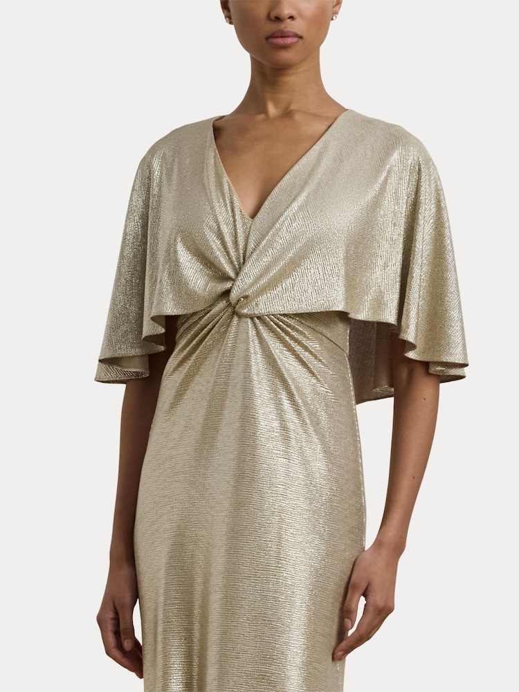 Lauren Ralph Lauren Phinya Foil Print Cape Brown Jersey Gown Dress - Image 6 of 8