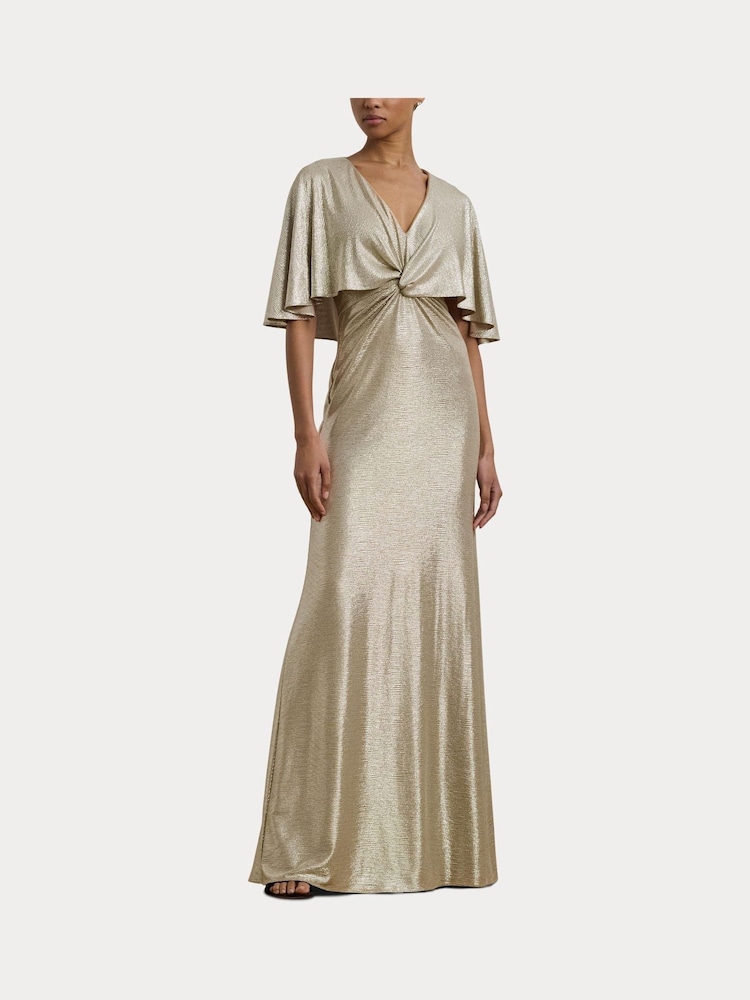 Lauren Ralph Lauren Phinya Foil Print Cape Brown Jersey Gown Dress - Image 7 of 8