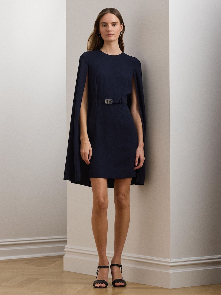 Lauren Ralph Lauren Blue Belted Cape Georgette Cocktail Dress - Bild 1 von 5