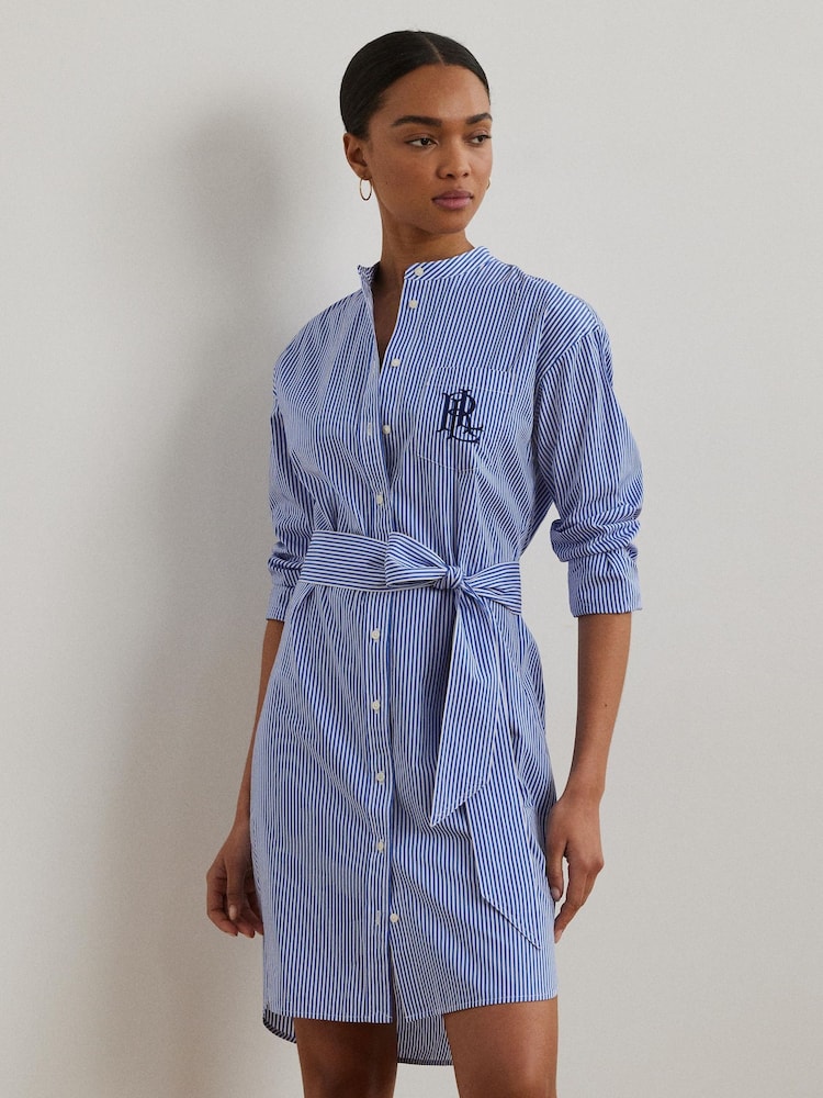 Lauren Ralph Lauren Blue Kinley Stripe Belted Shirt Dress - Image 1 of 8