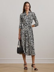 Lauren Ralph Lauren Black Rowella Print Belted Collared Dress - Bild 1 von 7