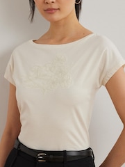 Lauren Ralph Lauren Cream Grieta Floral Emrodiered T-Shirt - Image 3 of 5