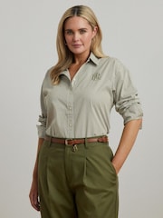 Lauren Ralph Lauren Green Curve Kotta Stripe Embroidered Logo Shirt - Image 1 of 5