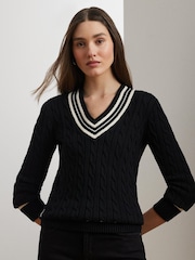 Lauren Ralph Lauren Meren V-Neck Cricket Logo Cable Knit Jumper - Image 1 of 4