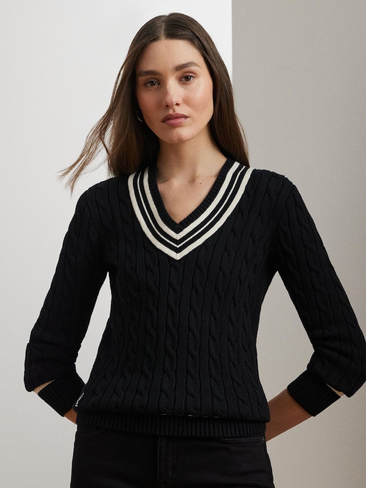 Lauren Ralph Lauren Meren V-Neck Cricket Logo Cable Knit Jumper - Image 1 of 4