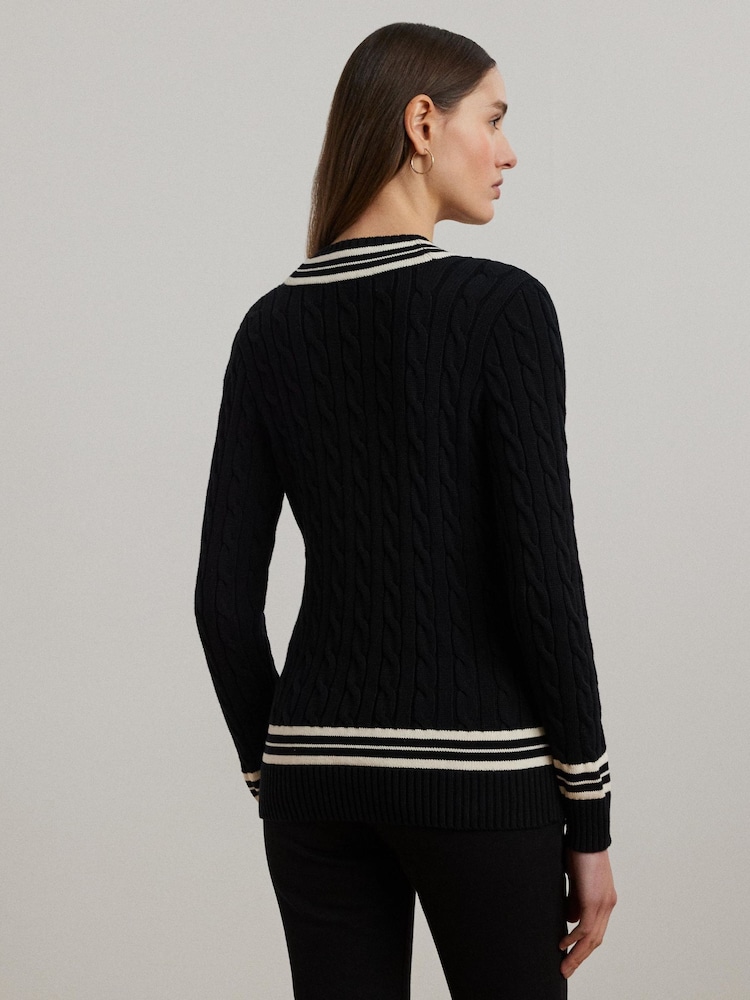 Lauren Ralph Lauren Meren V-Neck Cricket Logo Cable Knit Jumper - Image 2 of 4