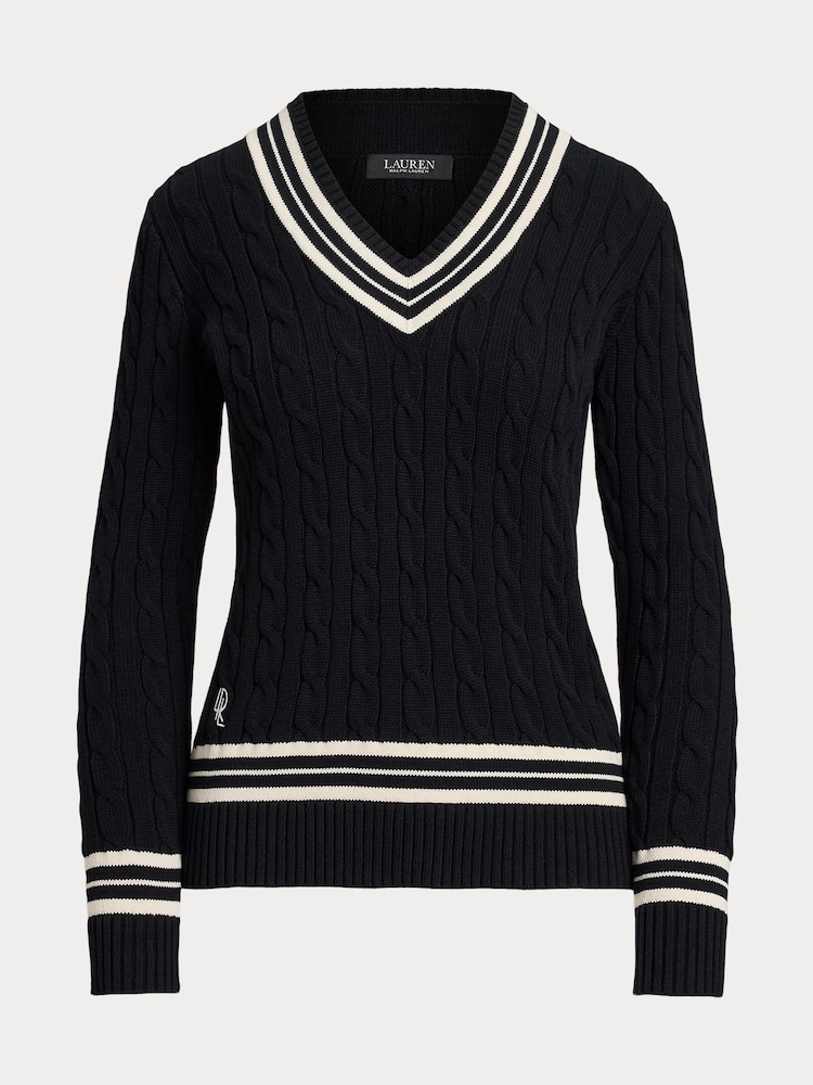 Lauren Ralph Lauren Meren V-Neck Cricket Logo Cable Knit Jumper - Image 4 of 4