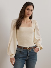 Lauren Ralph Lauren Cream Charella Square Neck Smock Blouse - Image 1 of 5