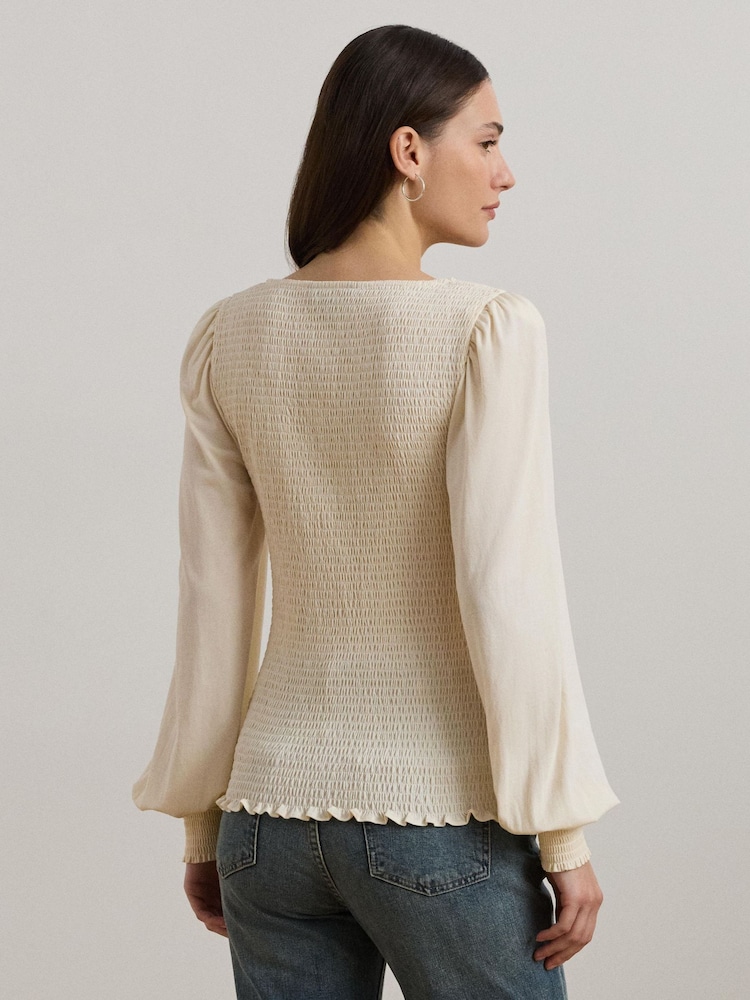 Lauren Ralph Lauren Cream Charella Square Neck Smock Blouse - Image 2 of 5