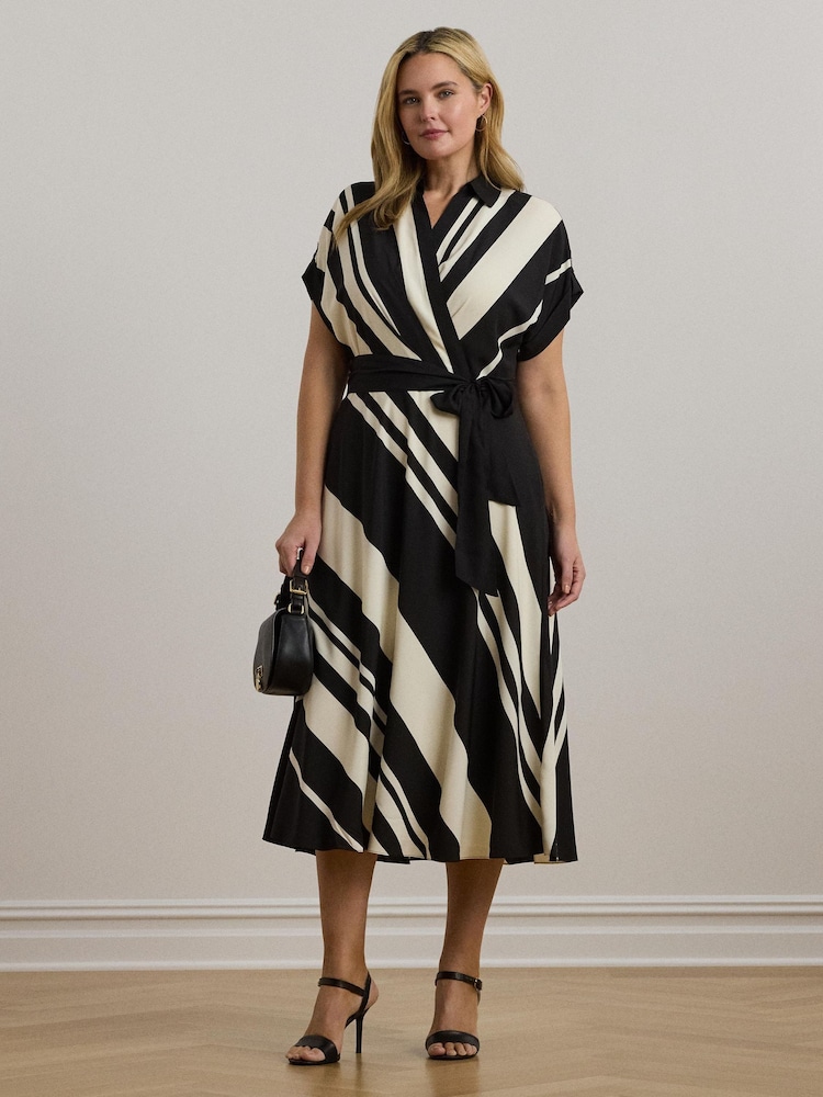 Lauren Ralph Lauren Cream Curve Fratillio Stripe Belted Collared Dress - Image 1 of 5