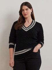 Lauren Ralph Lauren Curve Meren V-Neck Cricket Logo Cable Knit 100% Cotton Jumper - Image 1 of 7