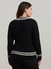 Lauren Ralph Lauren Curve Meren V-Neck Cricket Logo Cable Knit 100% Cotton Jumper - Image 3 of 7