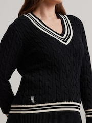 Lauren Ralph Lauren Curve Meren V-Neck Cricket Logo Cable Knit 100% Cotton Jumper - Image 4 of 7