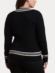 Lauren Ralph Lauren Curve Meren V-Neck Cricket Logo Cable Knit 100% Cotton Jumper - Image 5 of 7