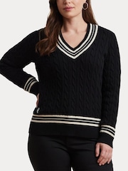 Lauren Ralph Lauren Curve Meren V-Neck Cricket Logo Cable Knit 100% Cotton Jumper - Image 6 of 7