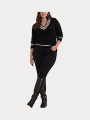 Lauren Ralph Lauren Curve Meren V-Neck Cricket Logo Cable Knit 100% Cotton Jumper - Image 7 of 7