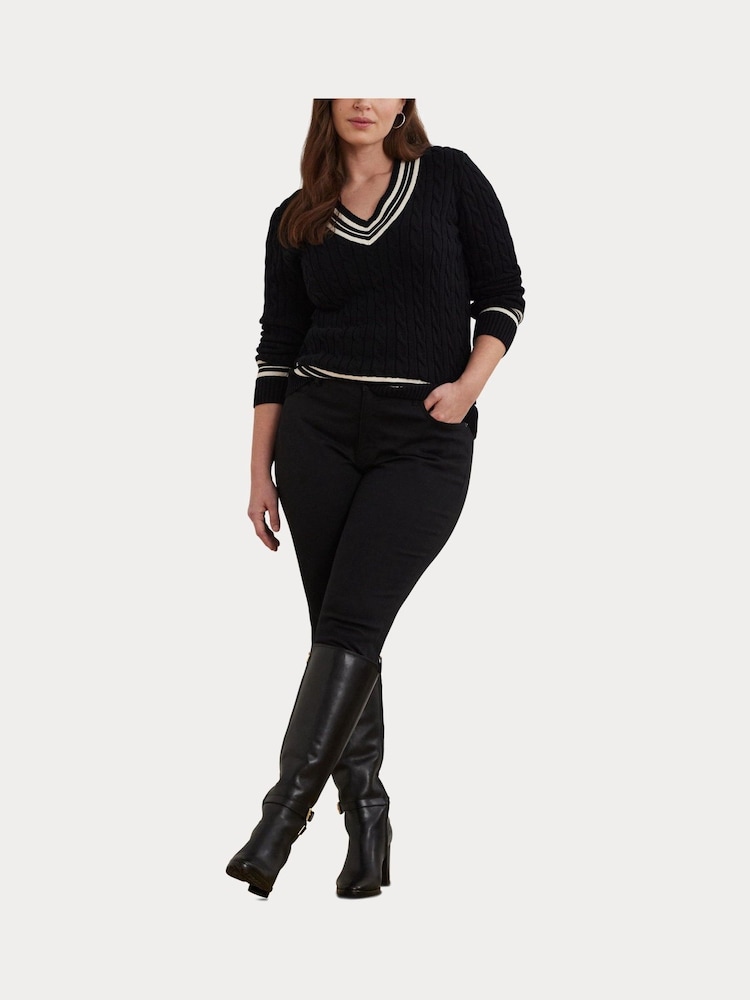 Lauren Ralph Lauren Curve Meren V-Neck Cricket Logo Cable Knit 100% Cotton Jumper - Image 7 of 7