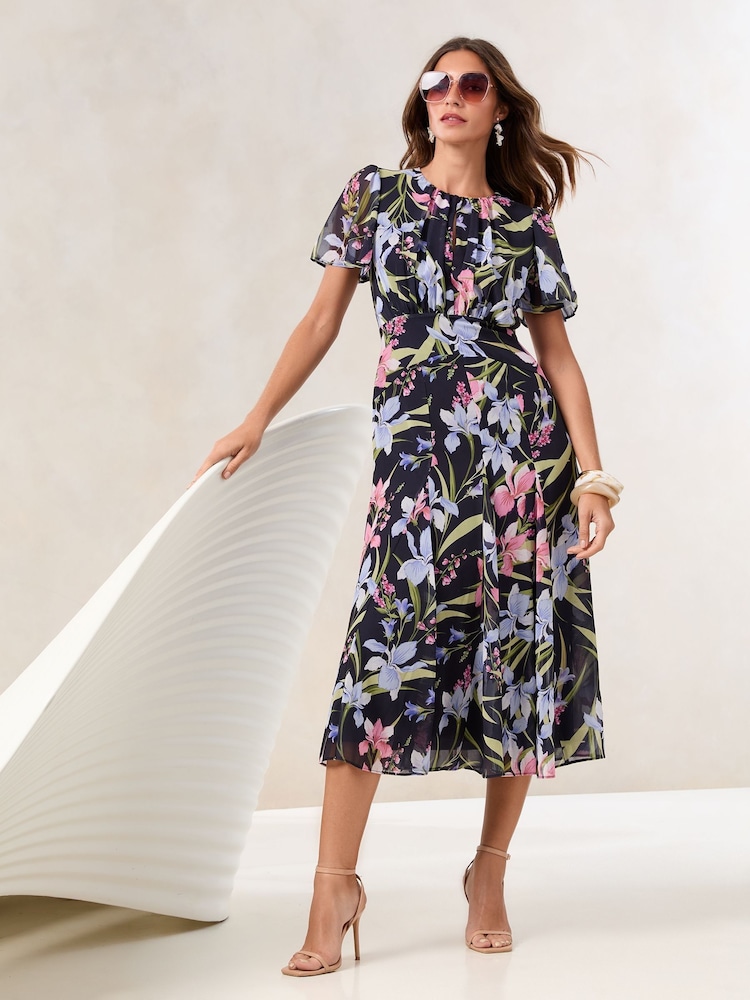 Lipsy Navy Floral Petite Short Sleeve Gathered Waist Underbust Midi Dress - Image 1 of 4