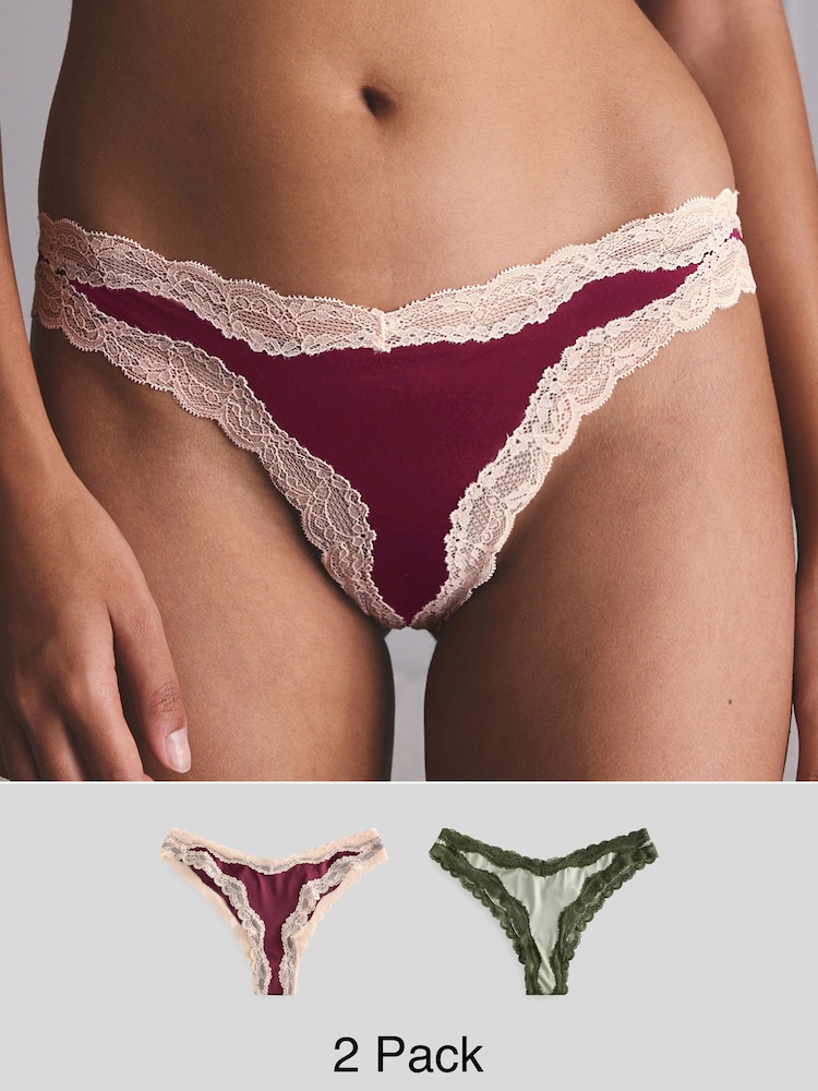 Purple/Green High Shine & Lace Trim Brazilian Knickers 2 Pack - Image 1 of 9