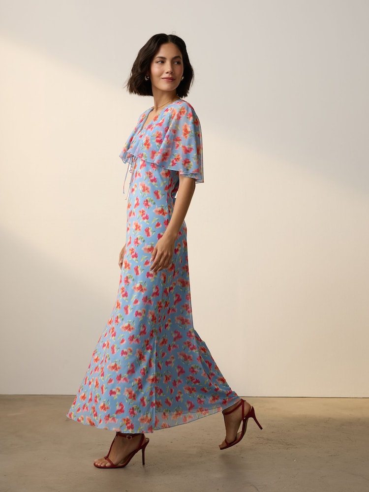 Blue Floral Occasion Mesh Cape Maxi Dress - Image 1 of 7 Blue Floral Occasion Mesh Cape Maxi Dress - Image 1 of 7