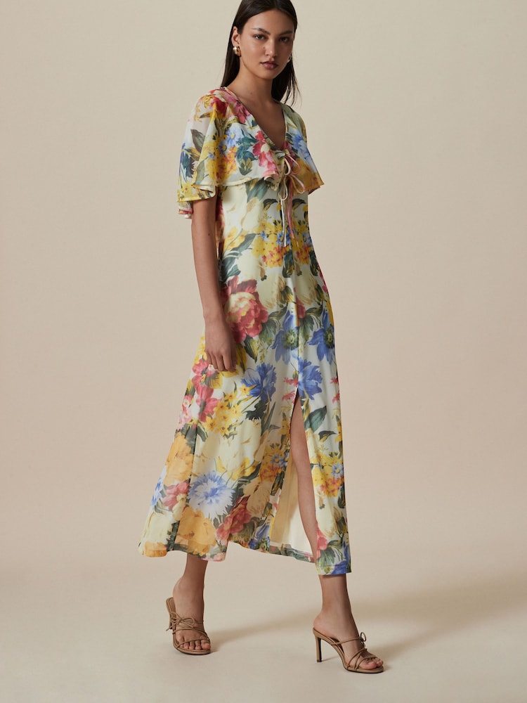 Yellow Floral Occasion Mesh Cape Maxi Dress - Image 1 of 4