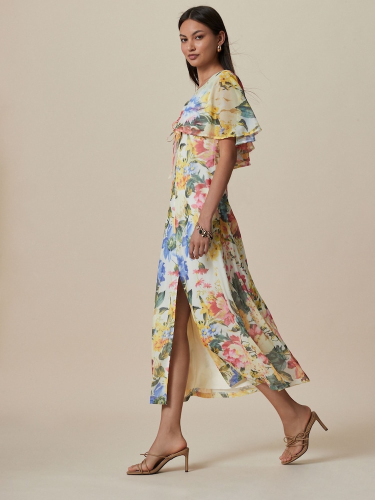 Yellow Floral Occasion Mesh Cape Maxi Dress - Image 2 of 8 Yellow Floral Occasion Mesh Cape Maxi Dress - Image 2 of 8