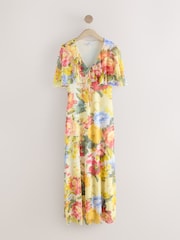 Yellow Floral Occasion Mesh Cape Maxi Dress - Image 5 of 8