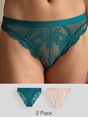 Green/Neutral High Leg Lace Knickers 2 Pack - Image 1 of 10