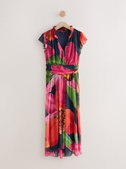 Navy Floral Pleated Mesh Print V-Neck Occasion Midi Dress - Image 1 of 3